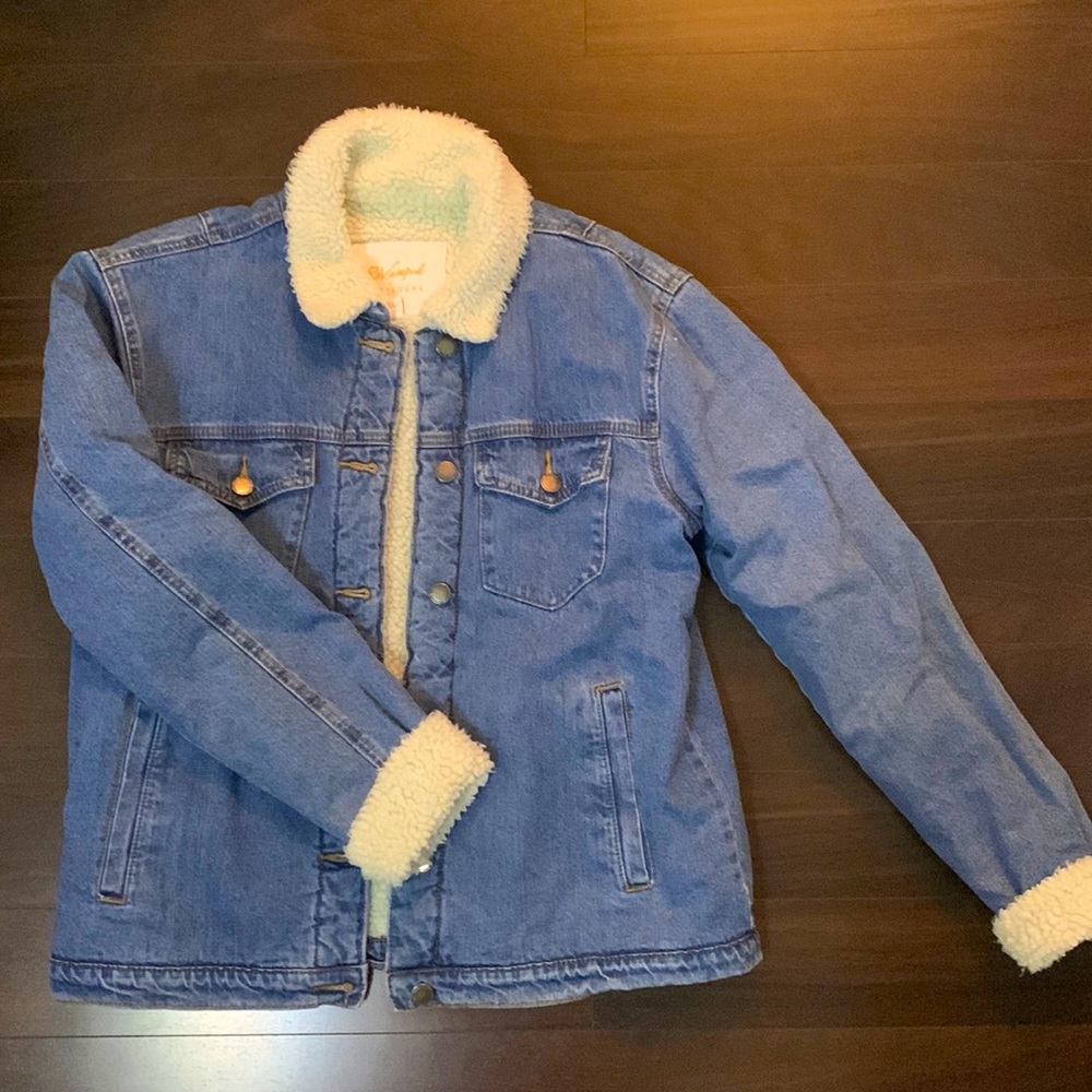 Revamped Blue Denim Jean Jacket with Cream Sherpa Lining